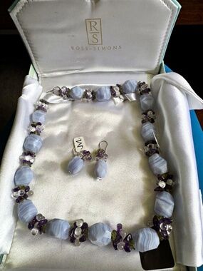Ross-Simons Blue Faceted Agate Bead Necklace & Dangle Earrings Jewelry Set